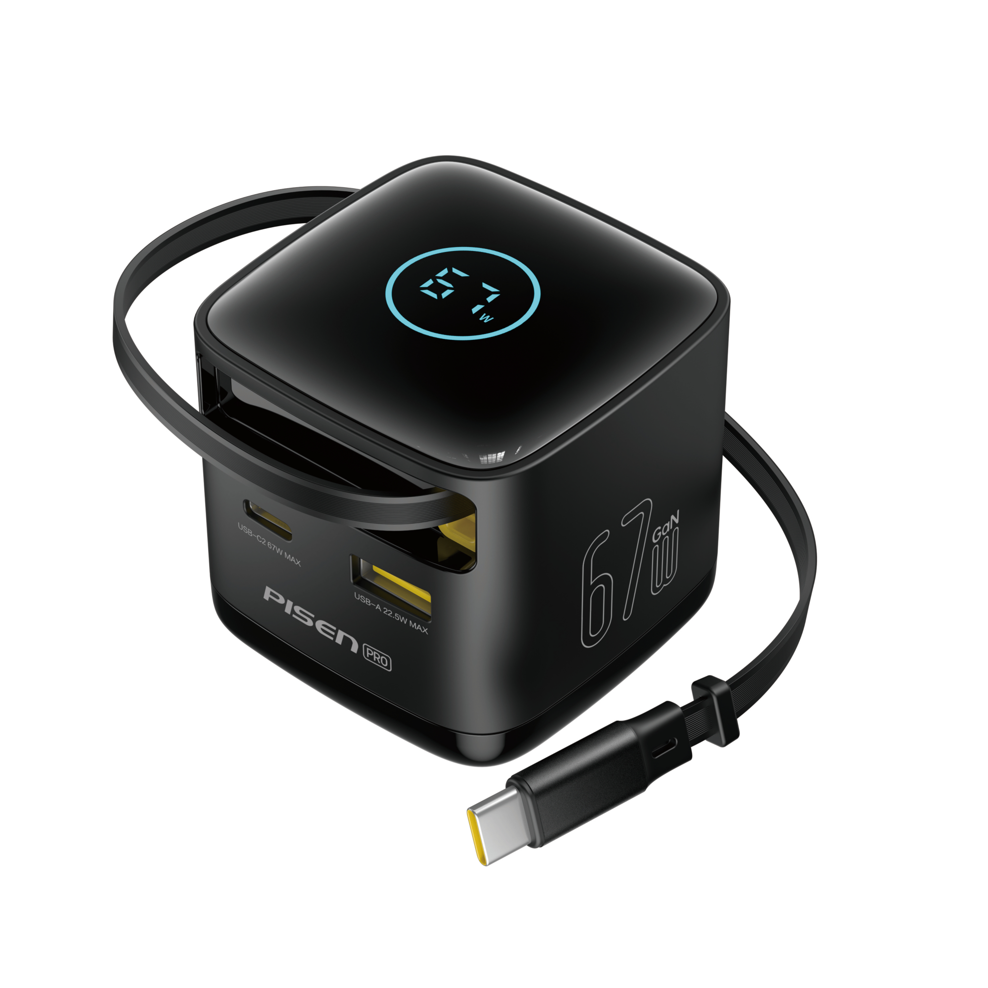 PISEN PRO 67W GaN 格納式ケーブル デジタルディスプレイ 急速充電器 2C1A TP-C173